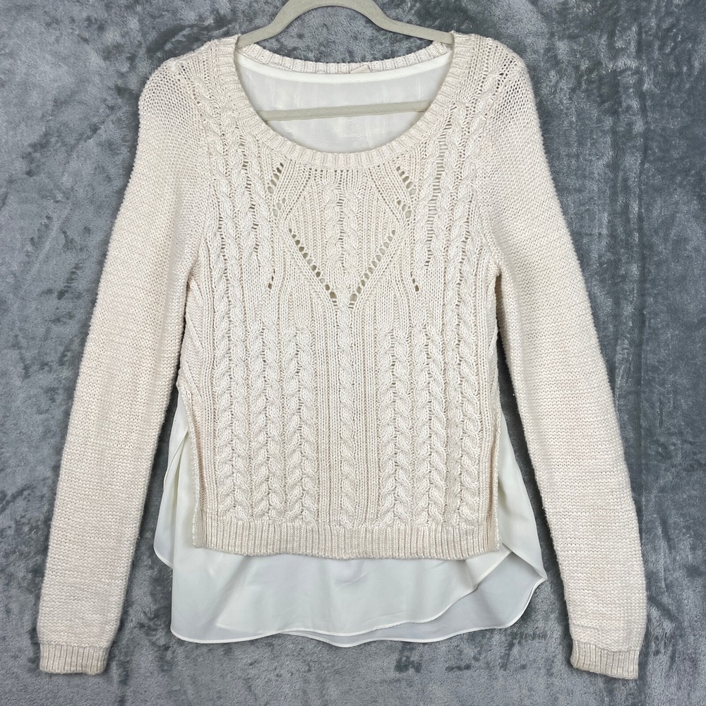 Moth Anthropologie Layered Cable Knit Crew Neck Sweater Womens Medium Ivory